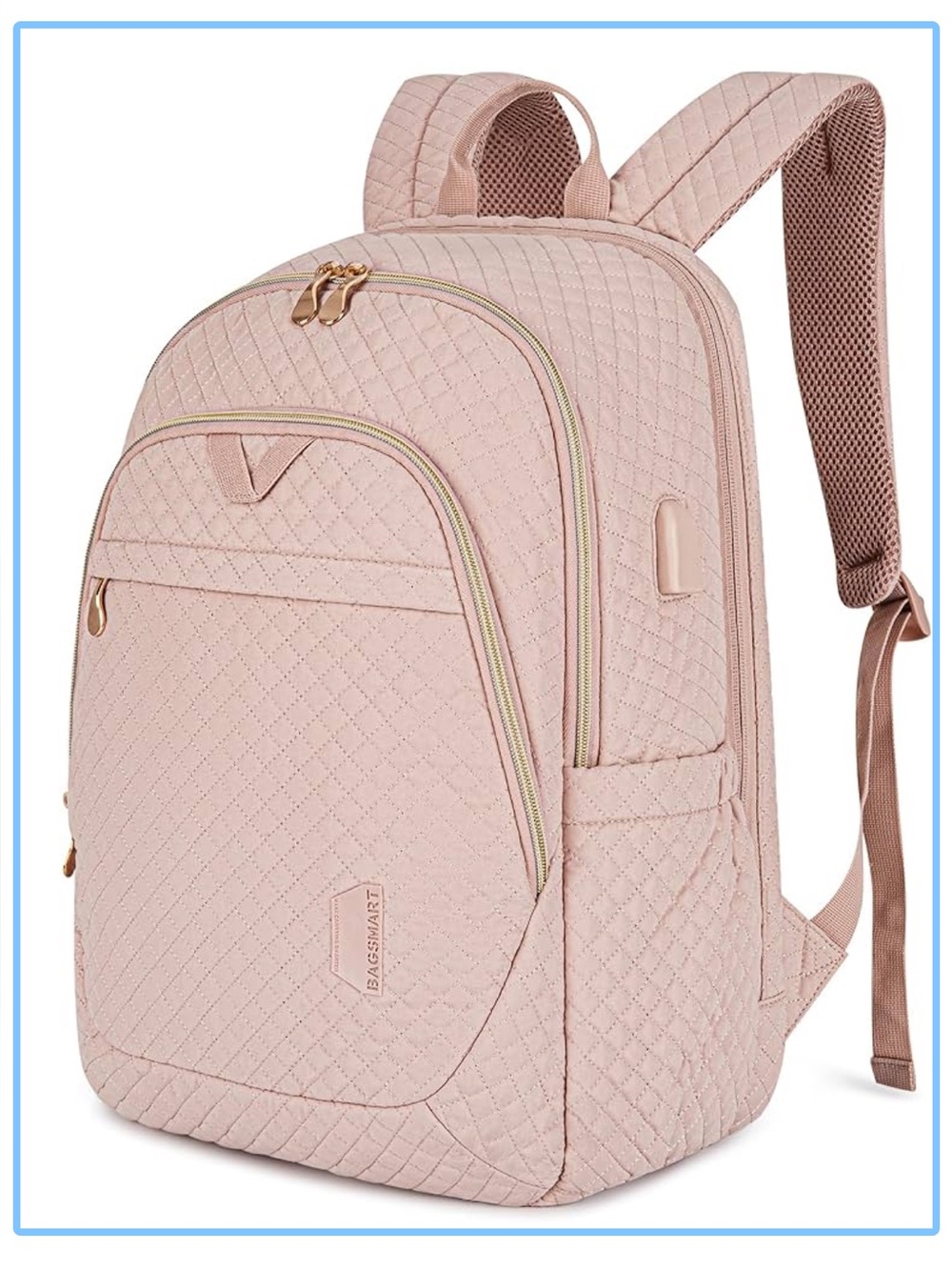 BAGSMART 15.6 Inch Pink Quilted Laptop Backpack for Women with USB Charging Port